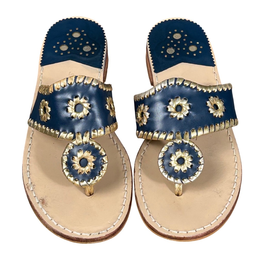 Jack Rogers Original Jacks Thong Sandals Navy Blue Gold Leather Womens 6.5